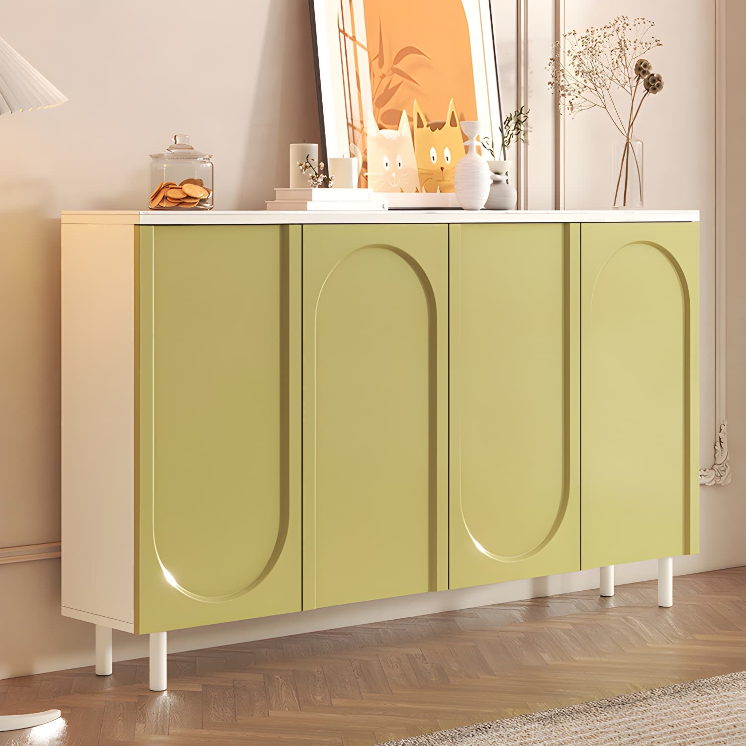 Scandinavian Wood Buffet Sideboard with Stone Countertop and Adjustable Shelves - image 5