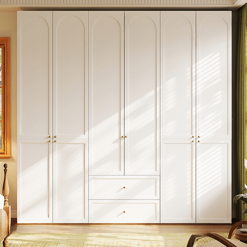 White Minimalist Manufactured Wood Wardrobe Closet with 2 Drawers, Soft Close Door, Interior Shelves, and Clothing Rod