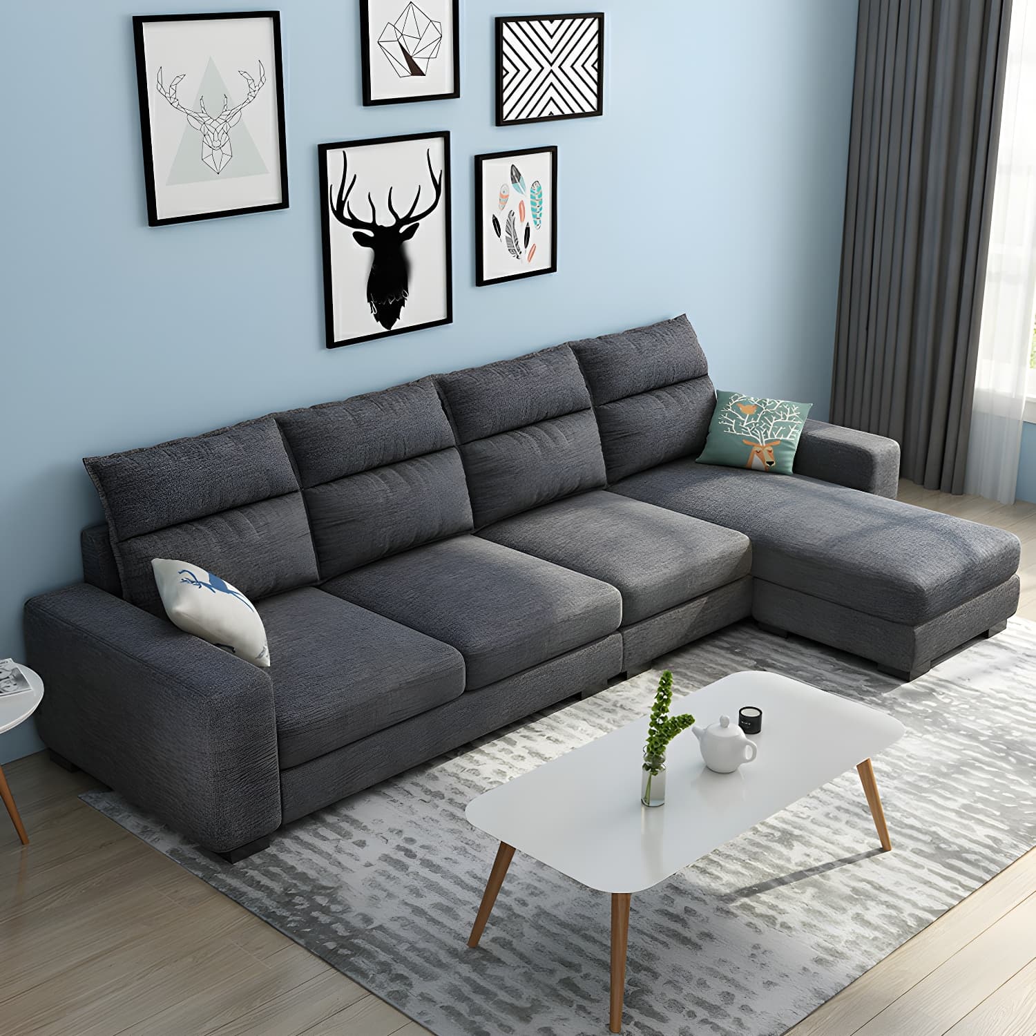 Scandinavian Wood Frame L-Shaped Modular Sofa Chaise in 2 Piece Set with Black Legs