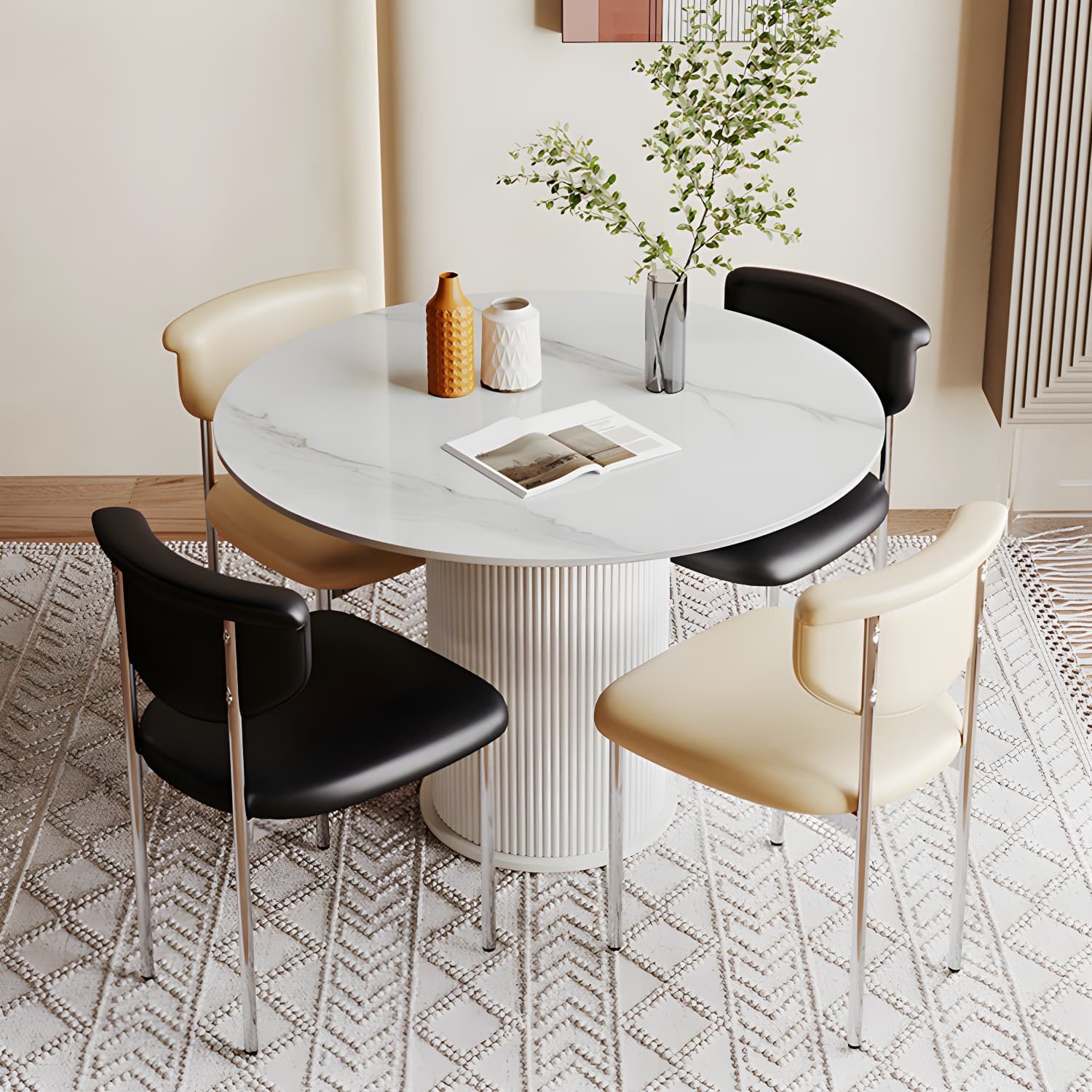 Round White Stone Modern Dining Table with White Steel Pedestal Base Standard Height - image 5