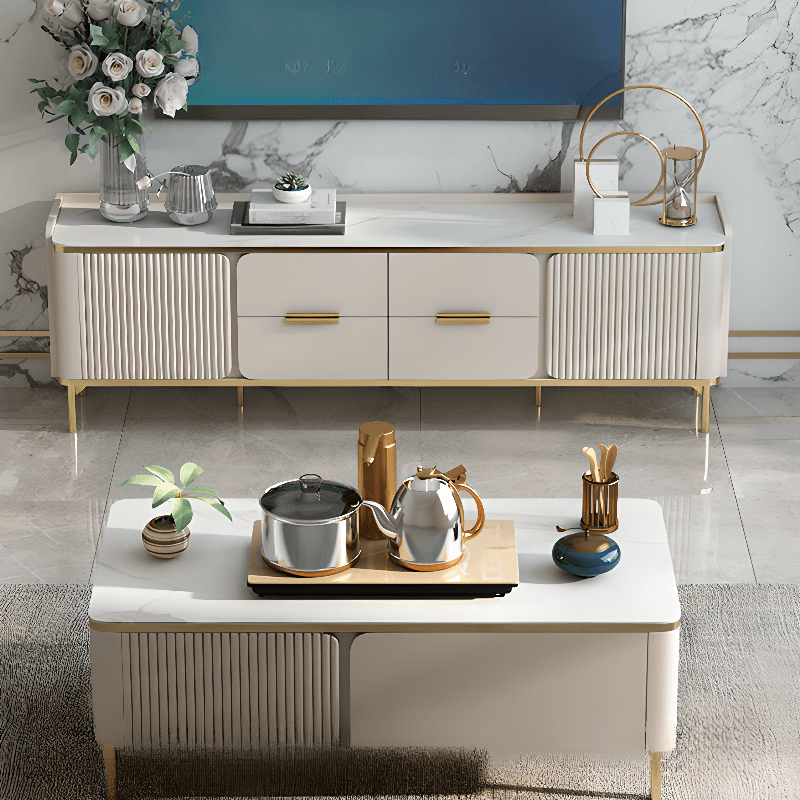 Chalk Art Deco Sintered Stone TV Stand for Sitting Room with 4/3 Drawers, 2 Cabinets, and Gate Doors - image 4