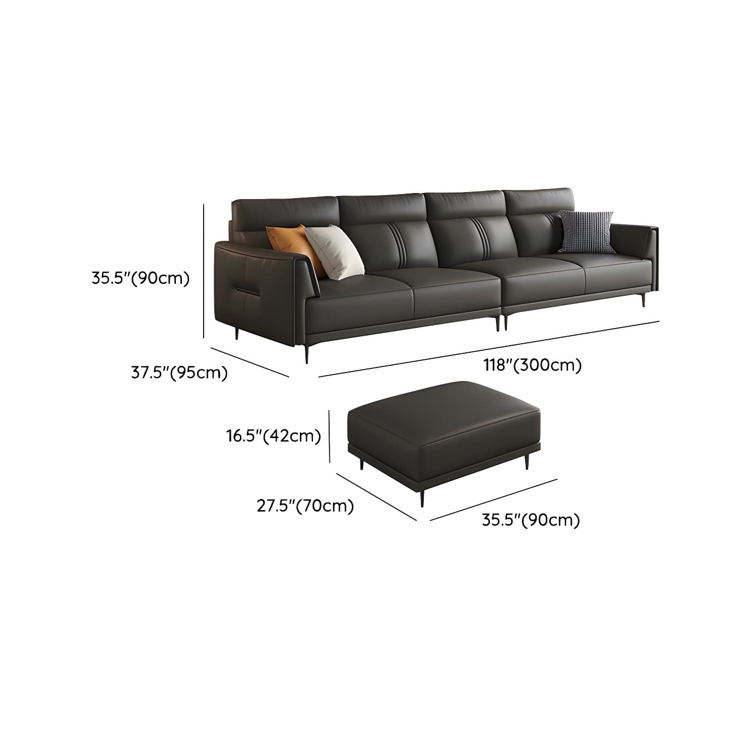 Modern Black Leather Stationary Sectional Sofa with Flared Arm and Cushion Back - image 15