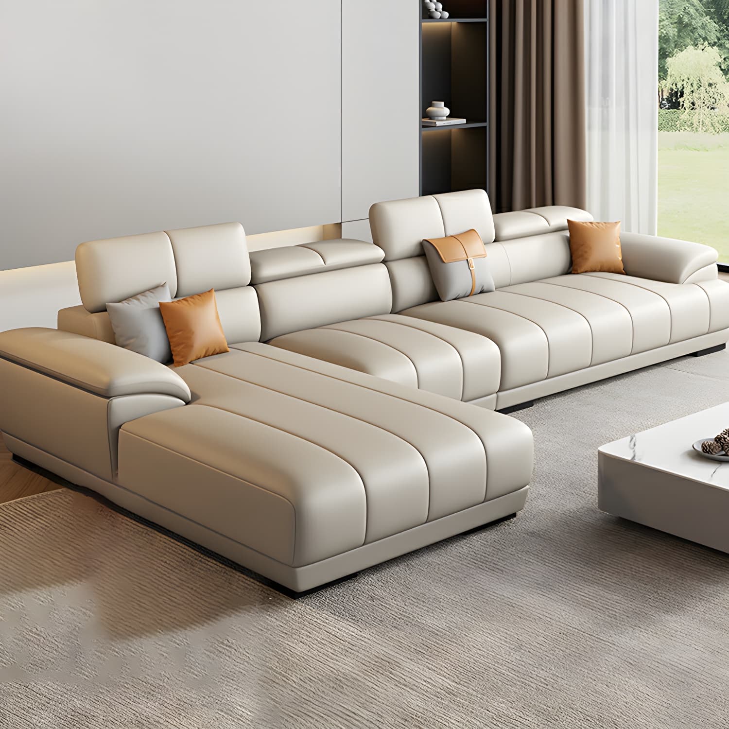 Elegant Beige Scandinavian Leather Sectional with Adjustable Headrests - image 4