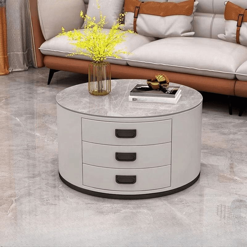 Modern Single Sintered Stone Drum Accent Table with Gray/Chalk Rounded Top and 3 Drawers