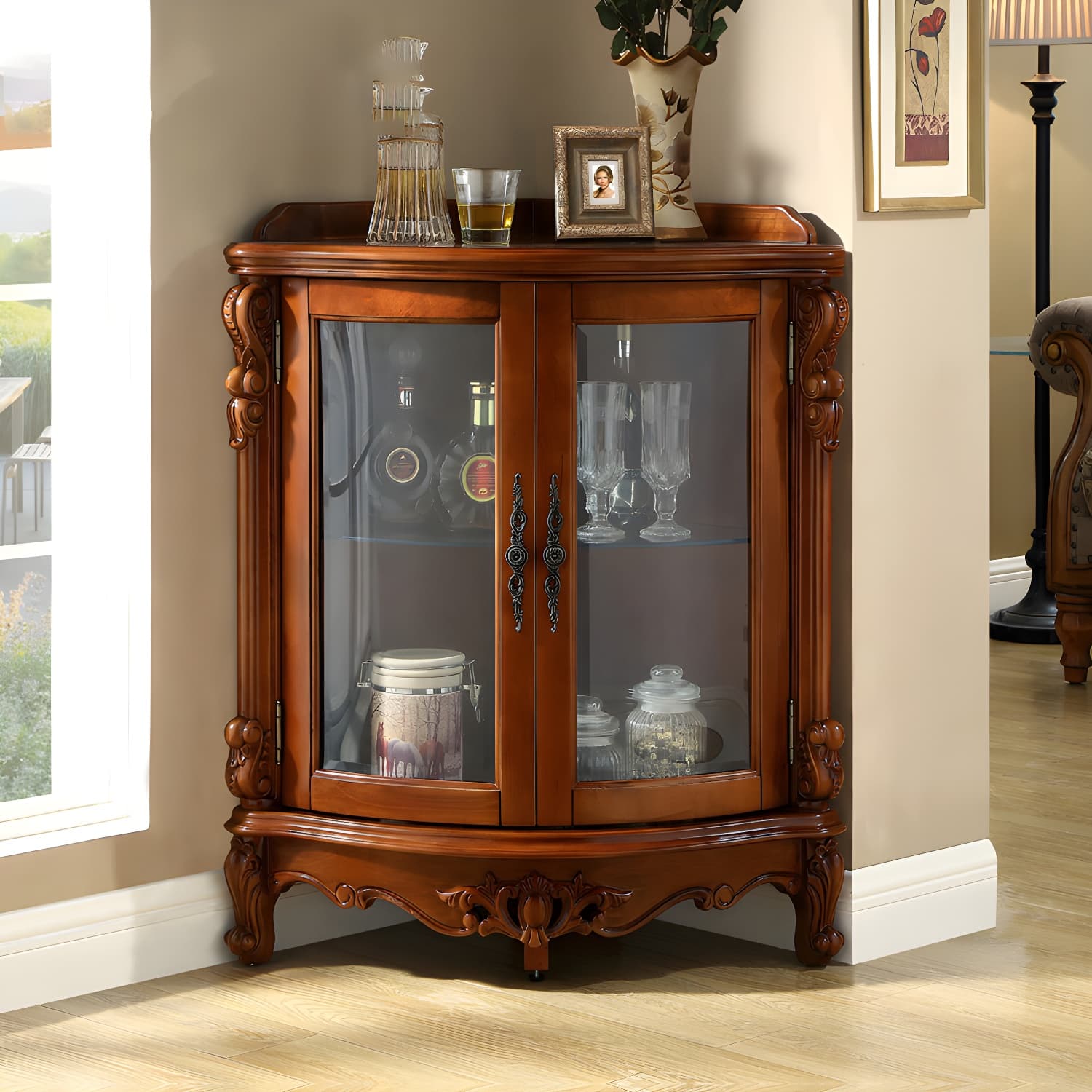 Corner Mid-Century Modern Accent Cabinet with Wood Counter Top and 3 Shelves - image 4