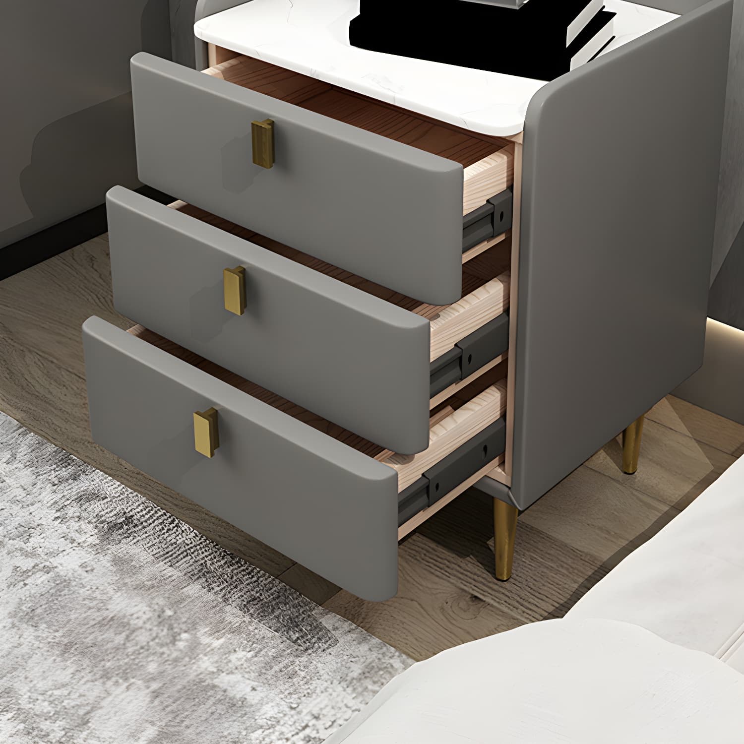 Faux Leather Nightstand Modern 3 - Drawer Nightstand with Stone Top - image 15