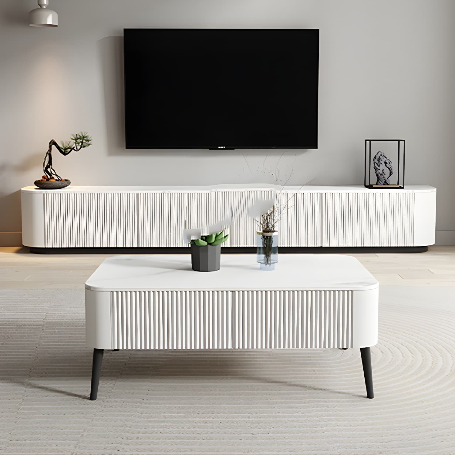 Modern White TV Media Stand 16" W Enclosed Storage Stone TV Stand with Drawers - image 9
