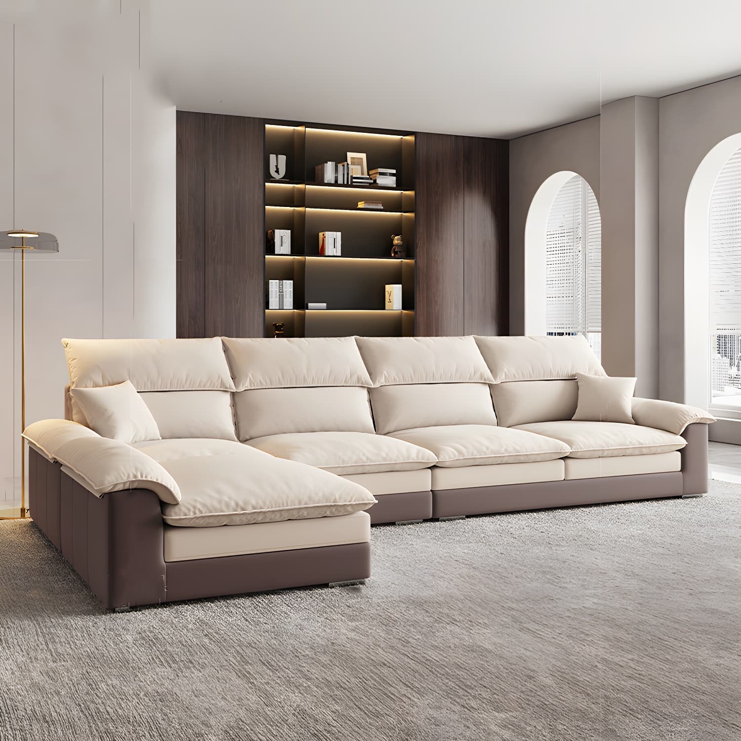 Beige ModernWood Sectional with Pillow Top Arm and Cushion Back - image 4