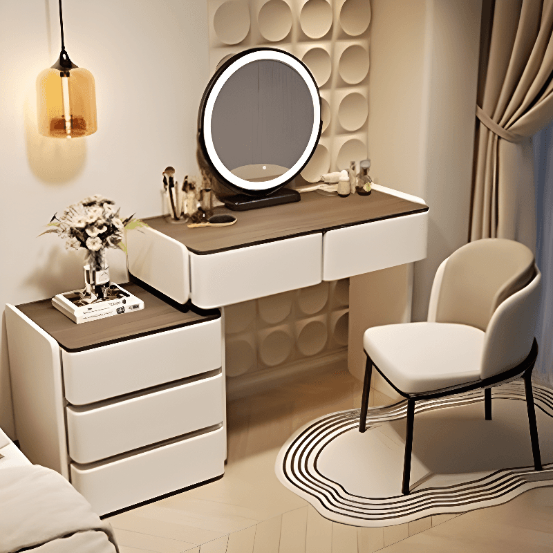 Large/Standard Stone Vanity Set with White Seating, 8/5 Drawers, Mirror Lights, and Scalable Lighting