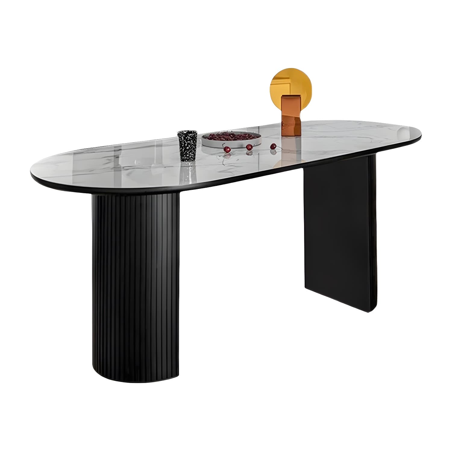 Modern Oval Dinette Table Sintered Stone Top Black Steel Double Pedestal Table - image 7