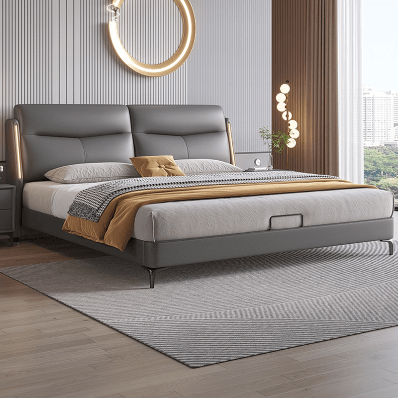 Light Gray Solid Color Storage Bed/Platform Bed with Timber Frame and Illumination Light for Living Room