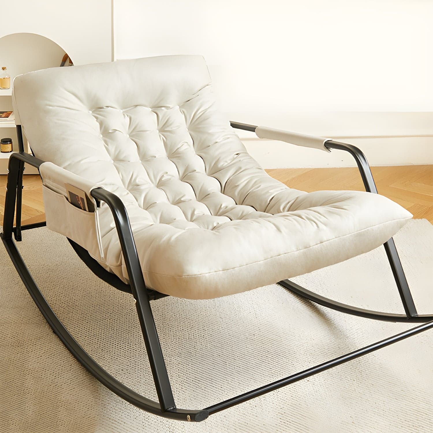 Stylish Modern Upholstered Rocking Chair with Black Metal Legs and Tufted Back - image 3