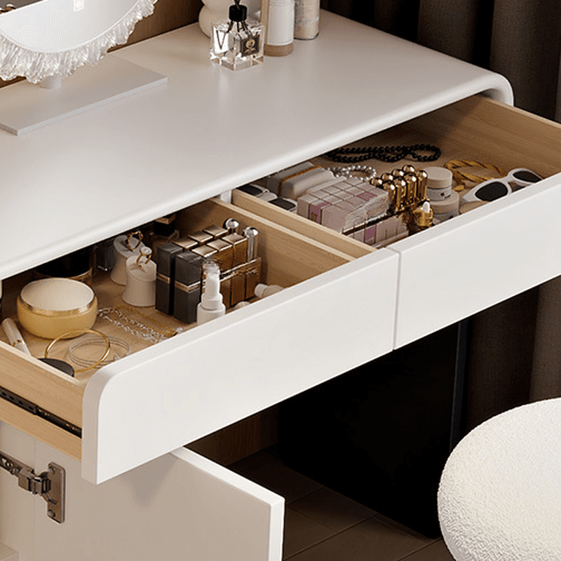 Modish Large/Standard Vanity Set with Lumber Table Top, White Seating, 5 Drawers, Light Up Mirror, and Chair - image 3