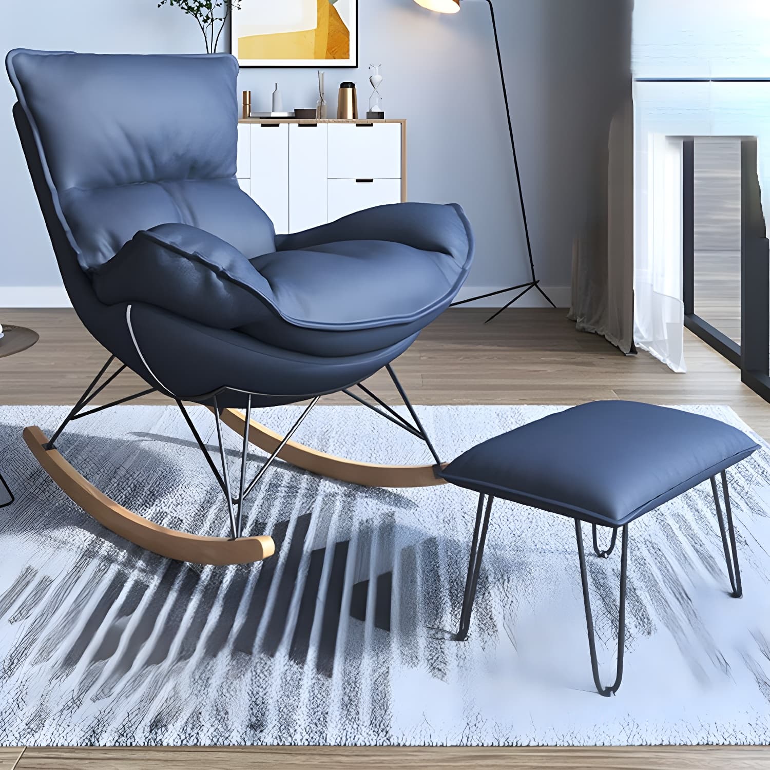 Contemporary Rocking Accent Chair Antique Finish Rocking Chair with Ottoman