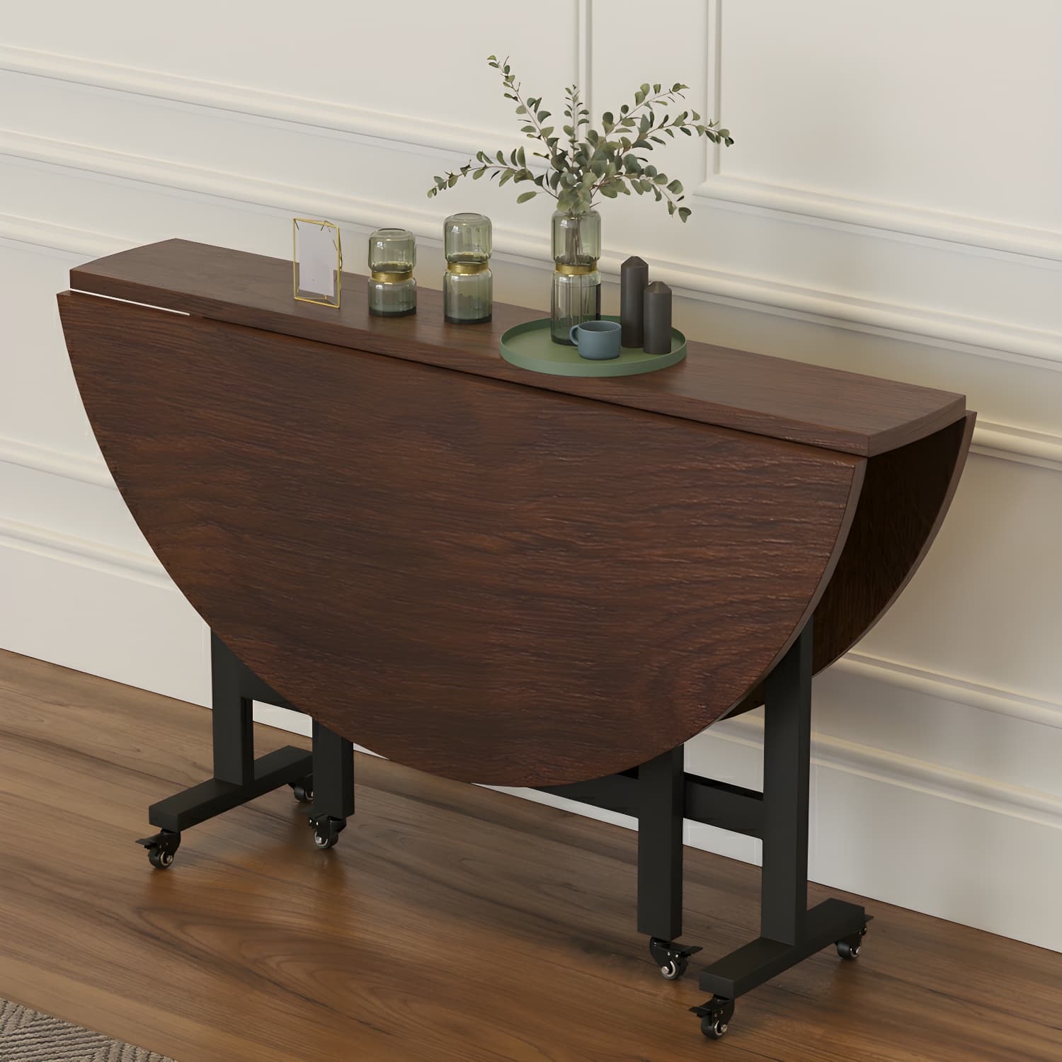 Modern Foldable Manufactured Wood Round Top Dining Table with Movable Steel Black Trestle - image 12