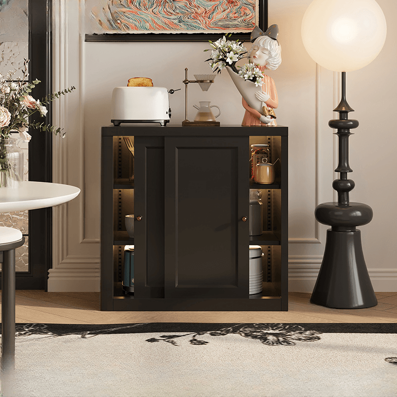 Simple Standard/Wide Sideboard with Metal Countertop, Pantry Hutch, Sliding Doors and Adaptable Shelf