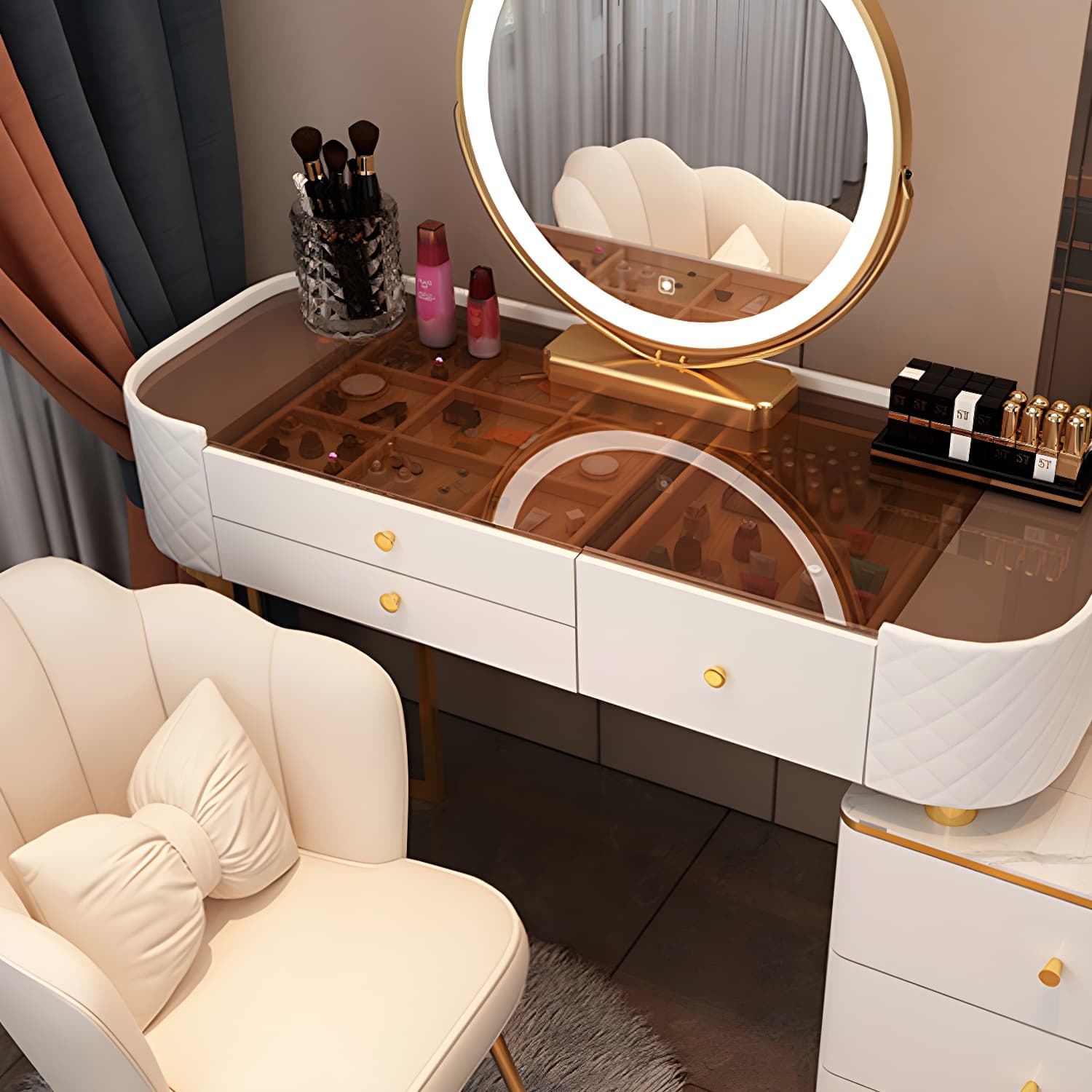 Lighted Mirror & Jewelry Makeup Vanity Metal Dressing Table Stool Set - image 14