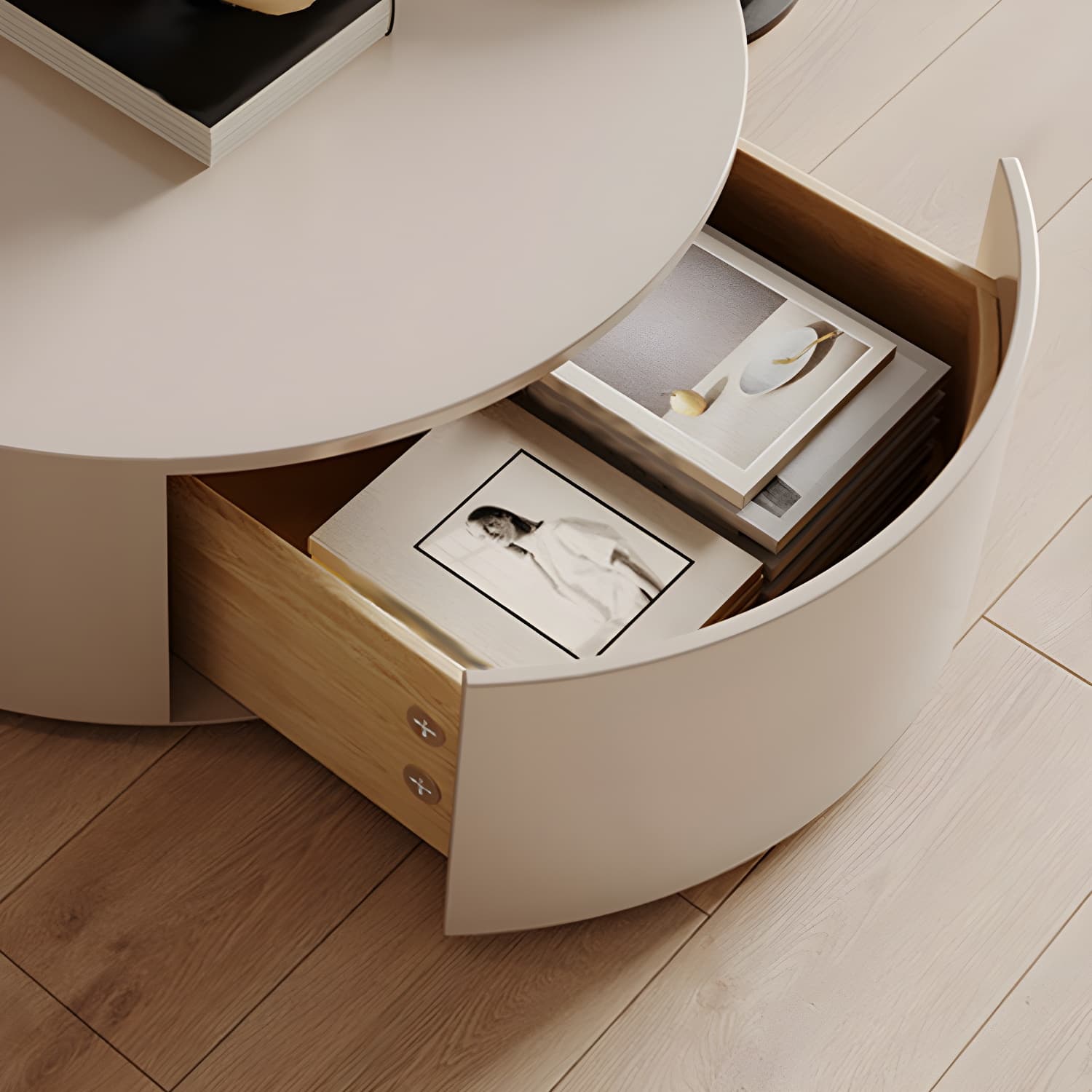 Modern Round Coffee Table with Metal Drum Base and 2 Drawers - image 9
