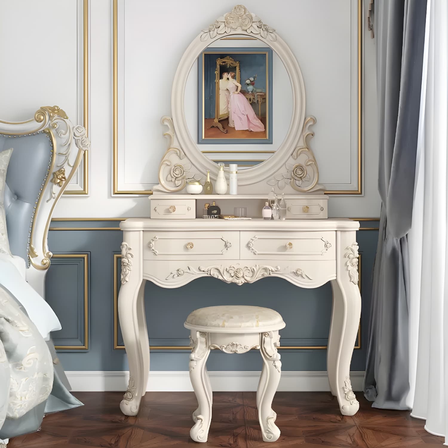 Elegant White Victorian Makeup Vanity Set with Wood Top & Mirror & Drawers & Upholstered Chair - image 3