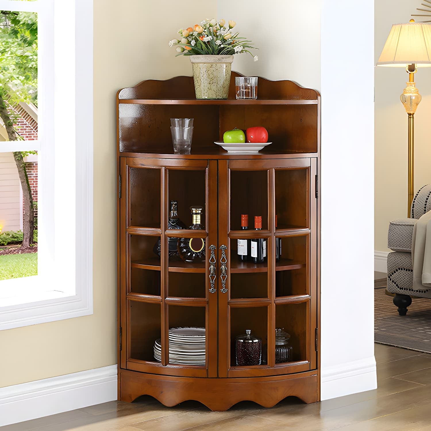 Mid-Century Modern Corner Accent Cabinet with Brown Wood Countertop, Glass Door & Cabinet Storage - image 3