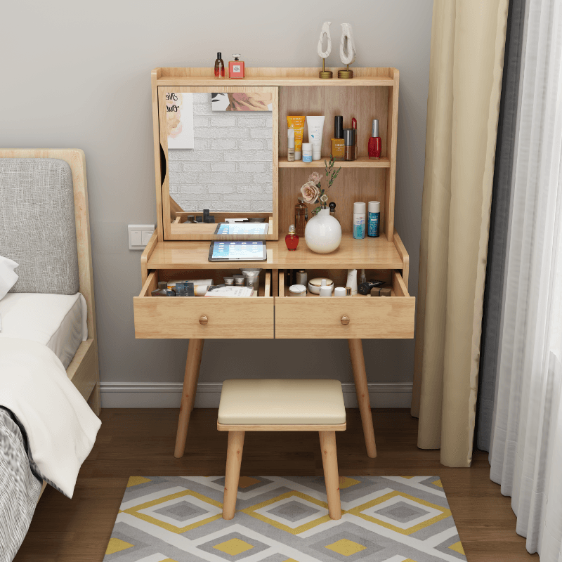Modish Small/Standard Vanity Set with White/Auburn/Natural Color Chair, 1 Drawer/2 Drawers, Rubberwood Frame, and Standing Mirror - image 4