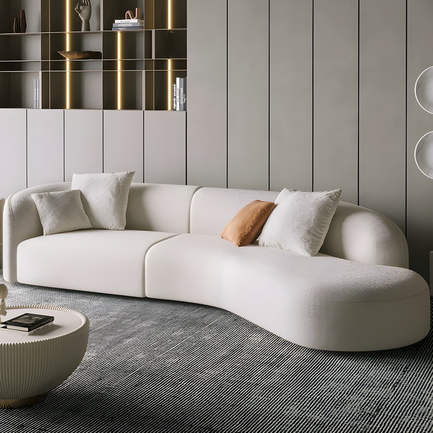 Scandinavian Wood Frame Curved Sectional Sofa in Beige Sherpa Upholstery, 2 Piece Set - image 5