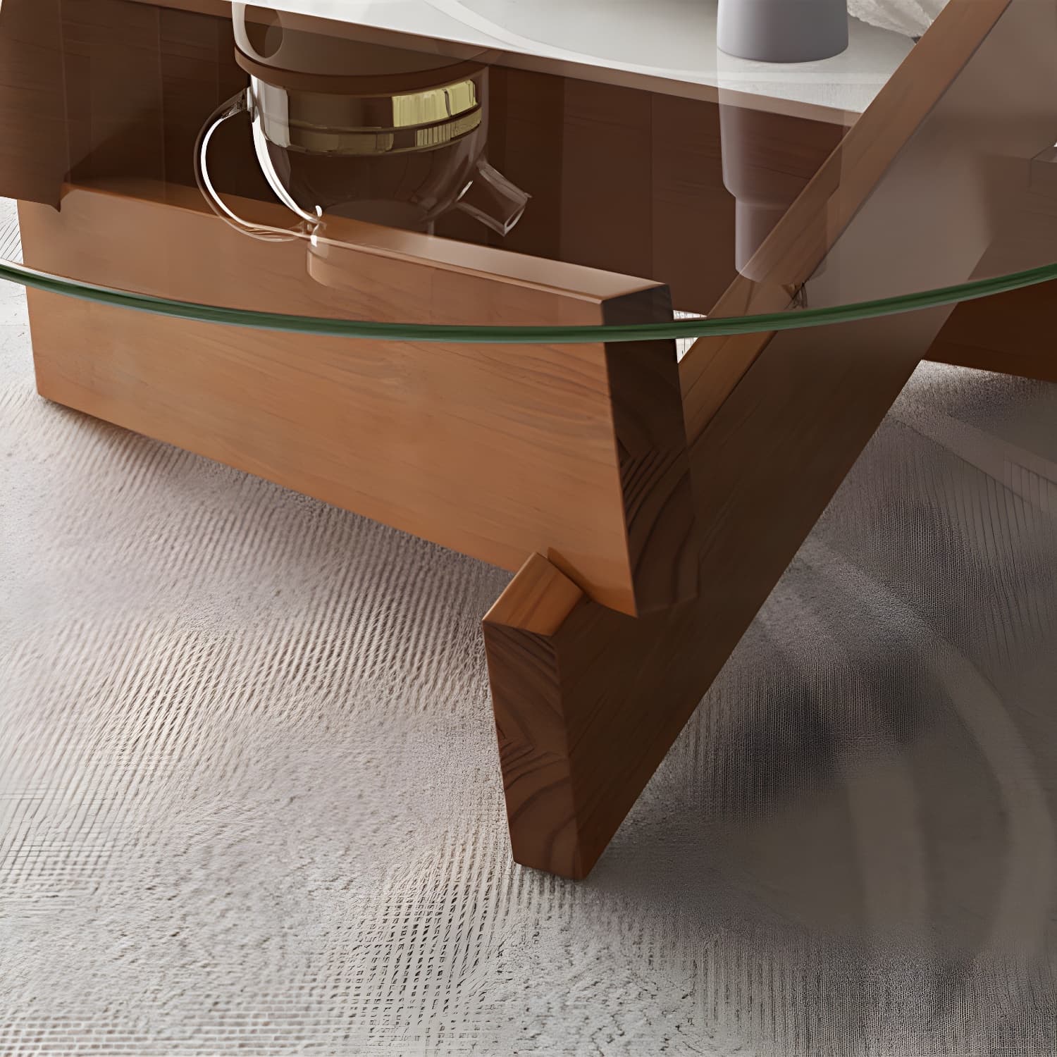 Modern Round Glass Top Coffee Table with Abstract Wooden Leg - image 10