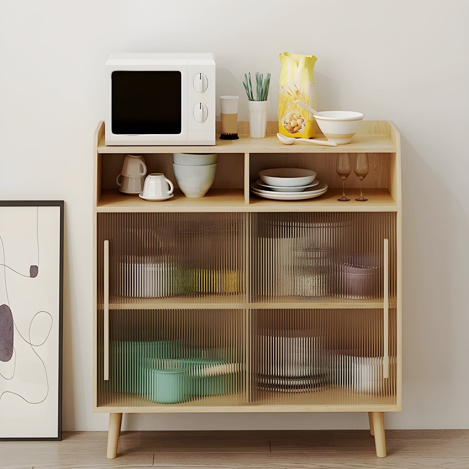 Scandinavian Wood Sideboard Credenza with Acrylic Doors and Cabinet Storage - image 4