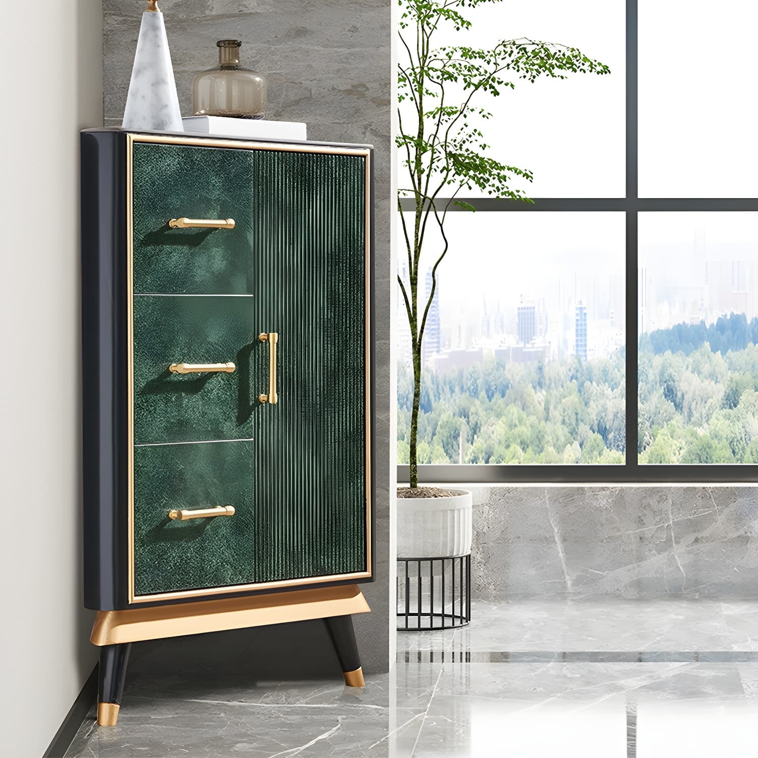 Glam Corner Accent Cabinet with Black Stone Countertop and Wood Base for Small Spaces - image 3