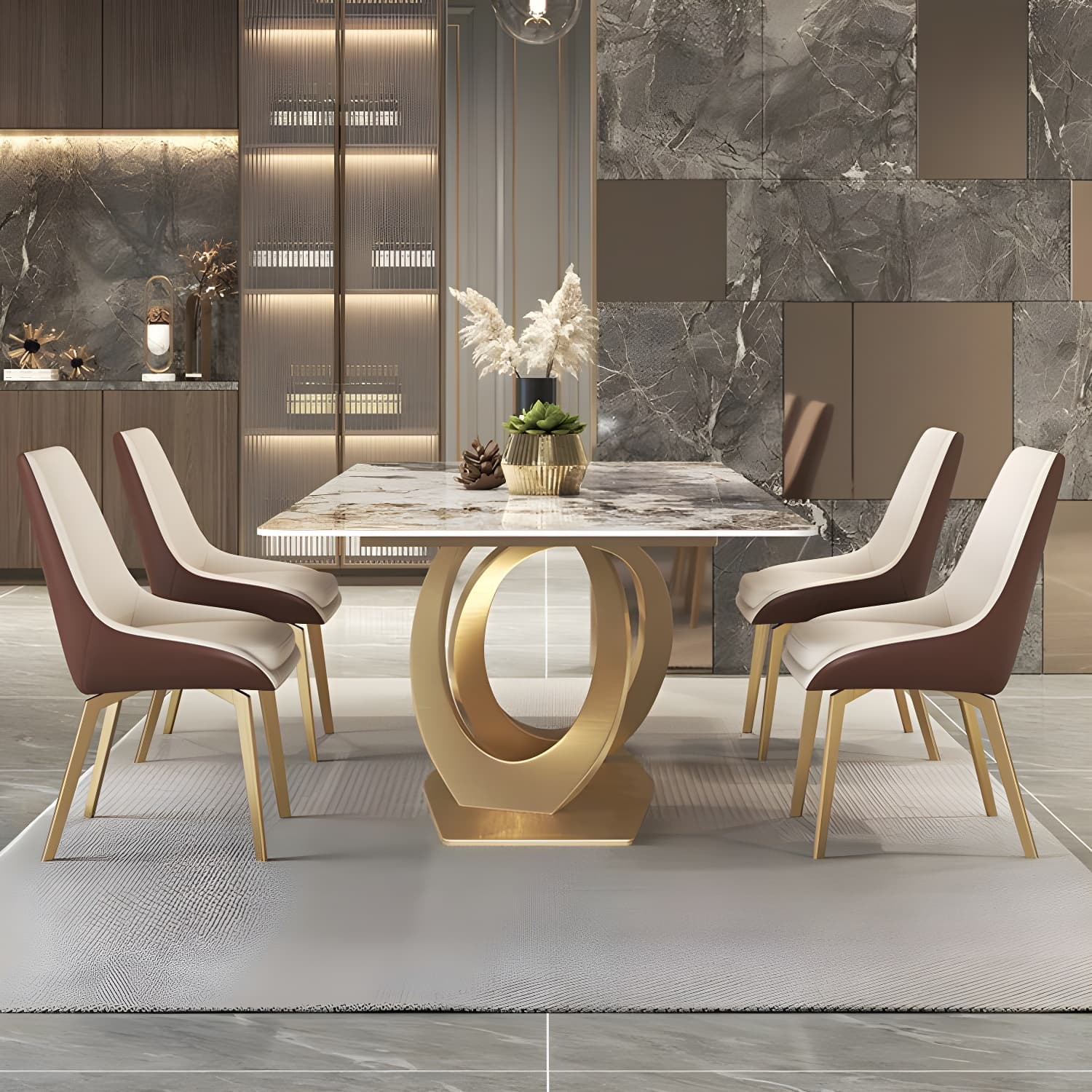 Glossy Beige Dining Table Set 1/2/5/7 Pcs Glam Dinette Set with Leather Chairs