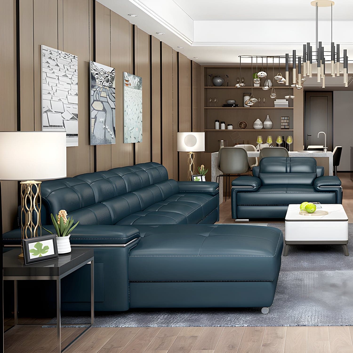 Genuine Leather Sectional 34.65"High Pillow Top Arm Sofa with Storage, Blue