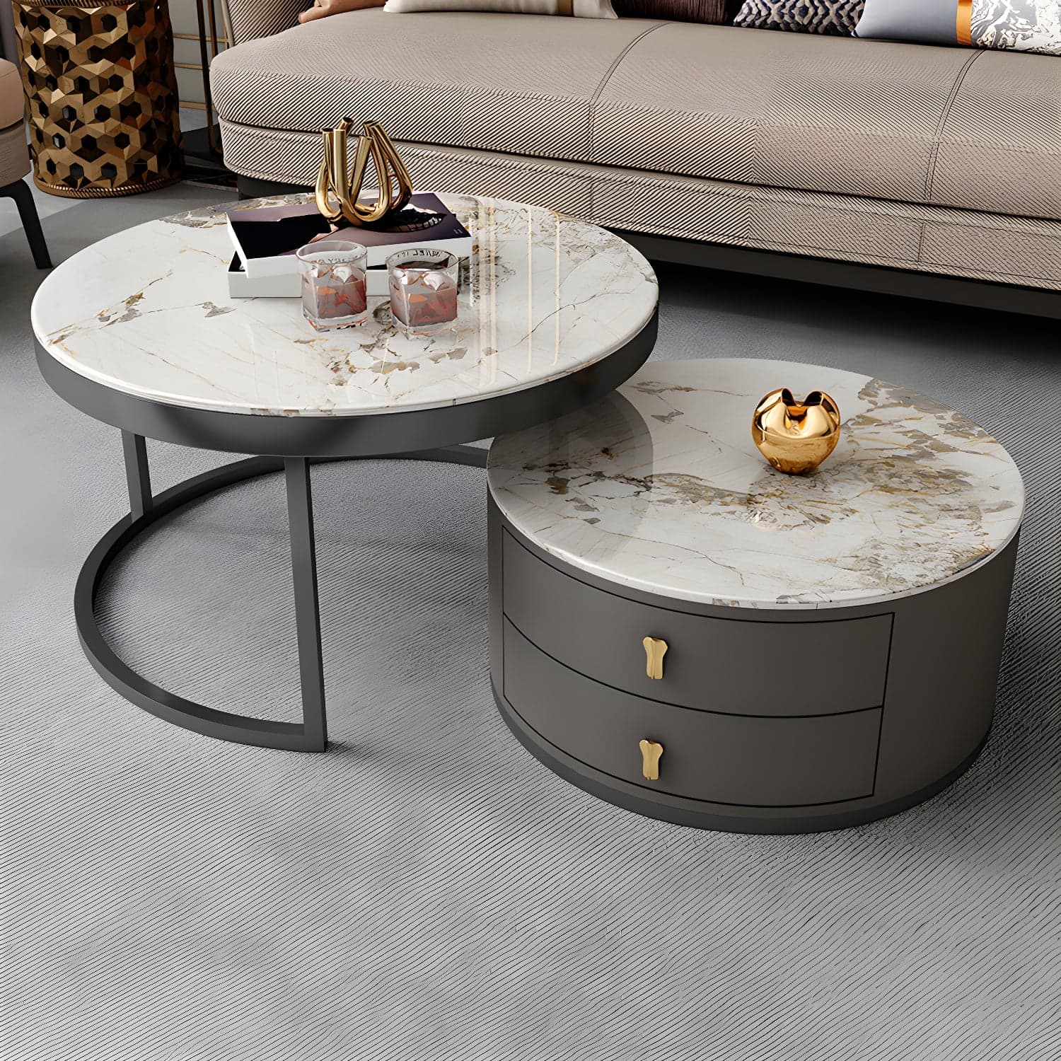 Modern Coffee Cocktail Table Round Nesting Coffee Table Set with Drawer - image 3