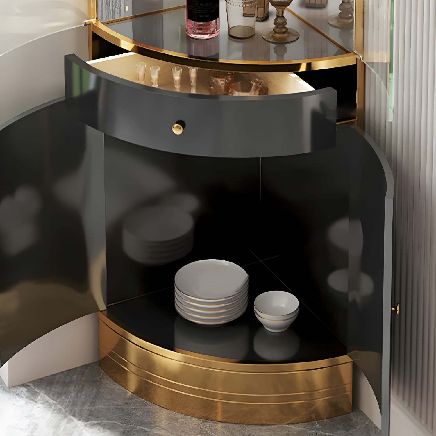 Glam Metal Corner Glass Paned Knobs Accent Cabinet with Shelves - image 17