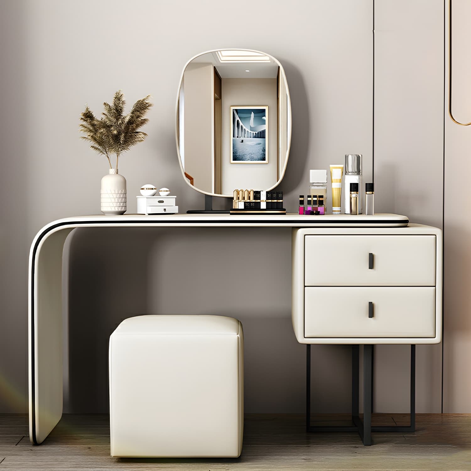 Modern Wood Vanity with Faux Leather Table Top & 2 Soft Close Drawers - image 7