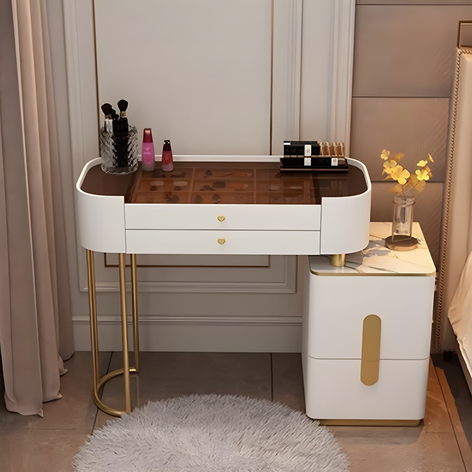 Contemporary Glass Top Vanity Dressing Table With 4/5 Drawers - image 3