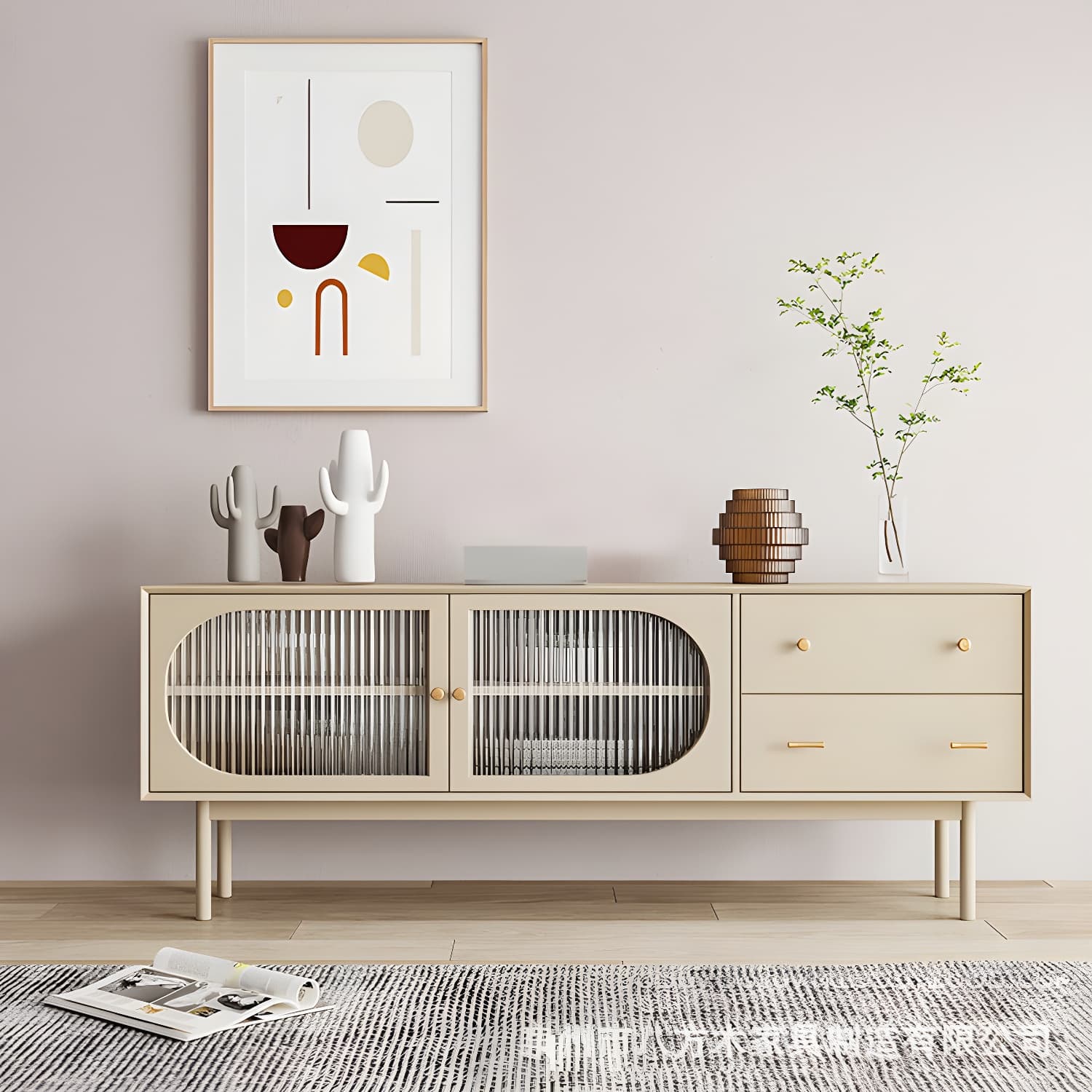 25.6" High Nordic TV Stand Solid Wood TV Cabinet with 2-Drawer & Cabinet - image 3