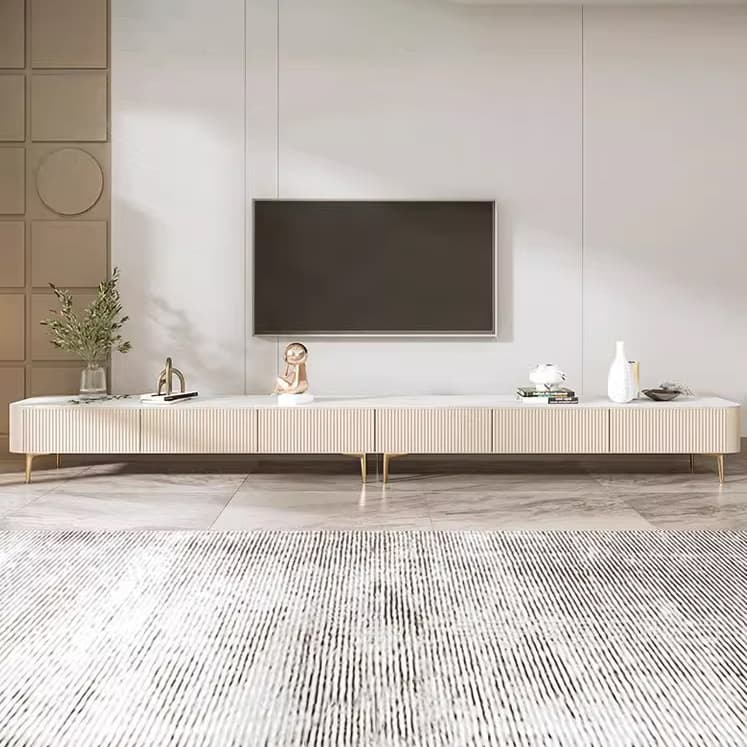 White Modern TV Stand with Low Height, Stone Material & Drawers for Full Assembly - image 4