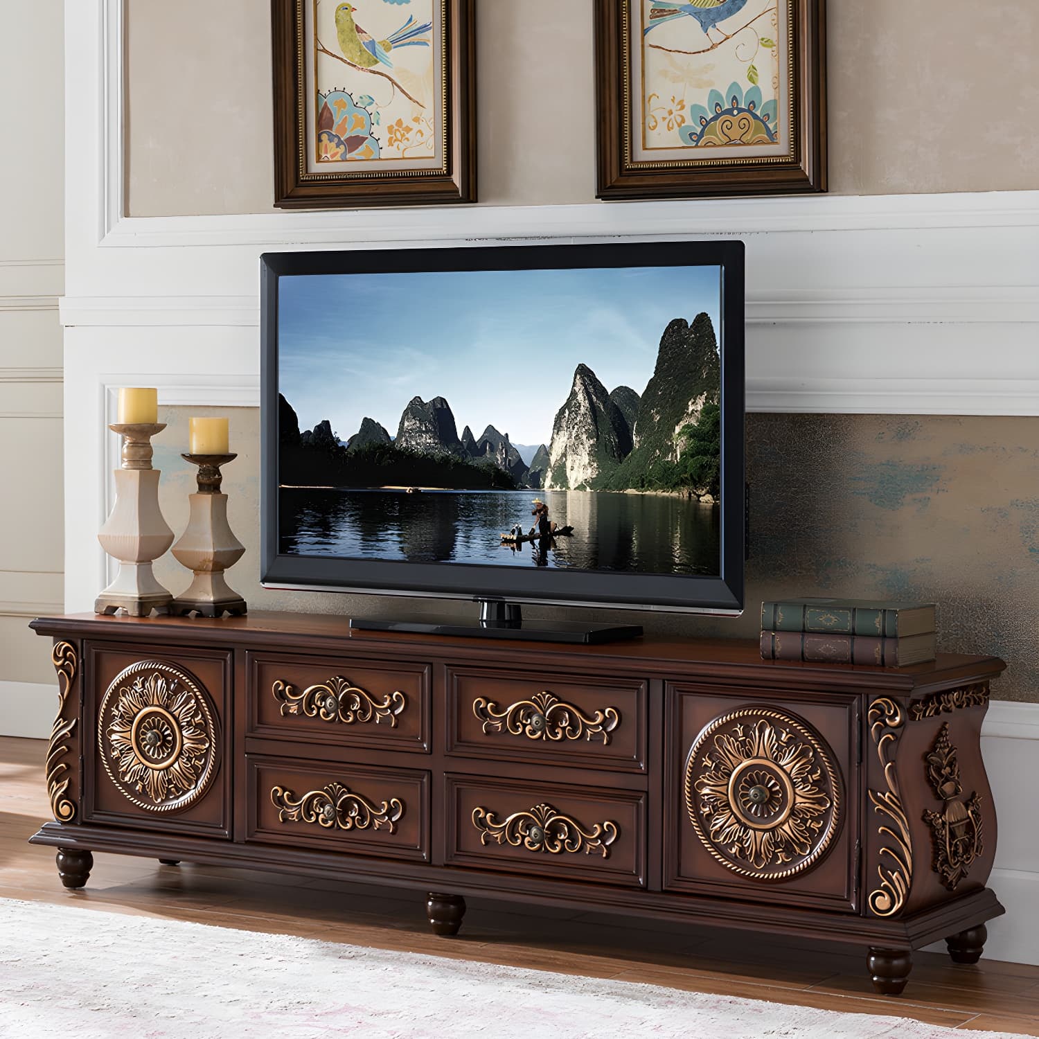 Traditional Rubberwood Media Console Matte Finish TV Media Stand with Drawers - image 5