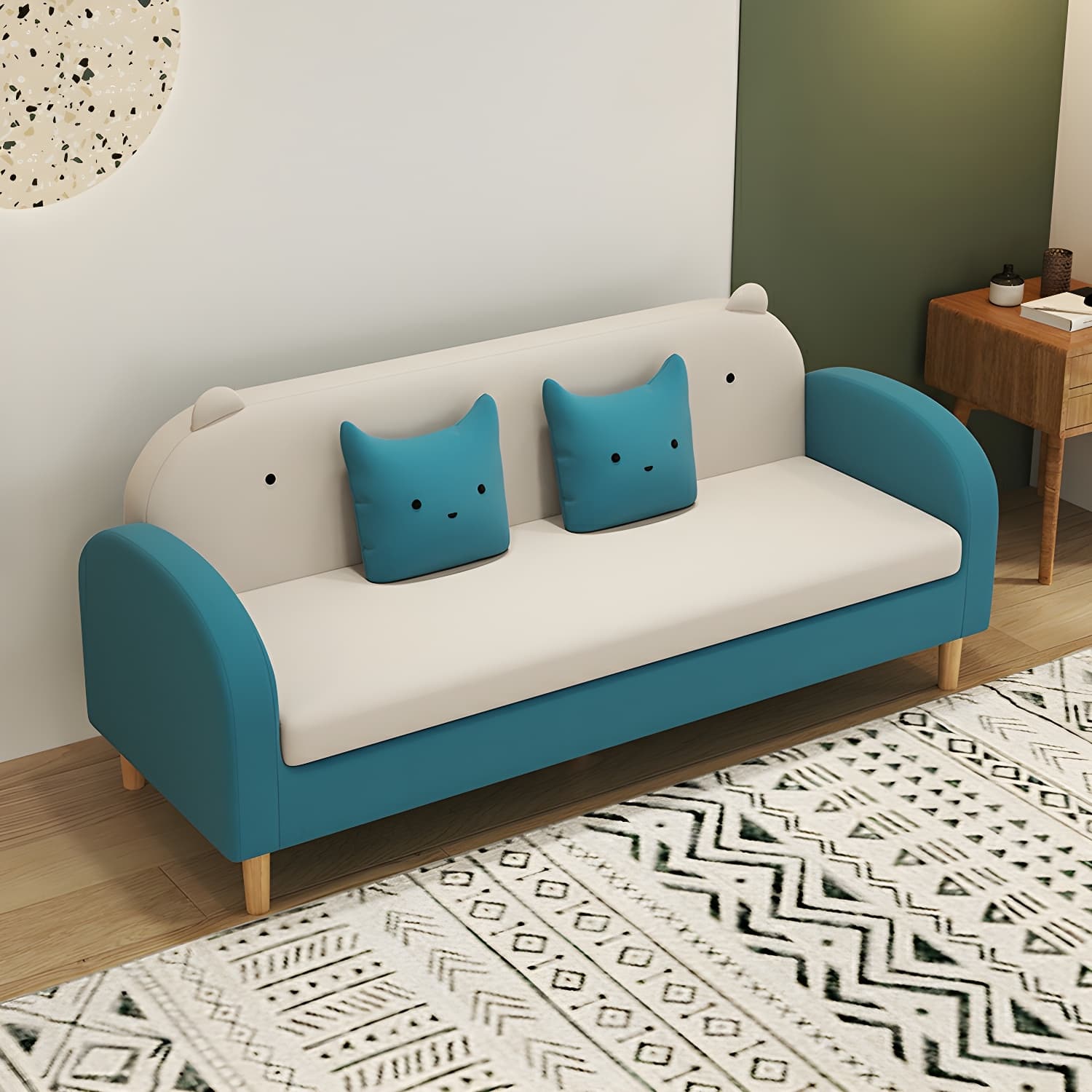Art Deco Natural Wood Finish Framed Sofa Couch with Recessed Arm, Slipcover and 2 Pillows - image 11
