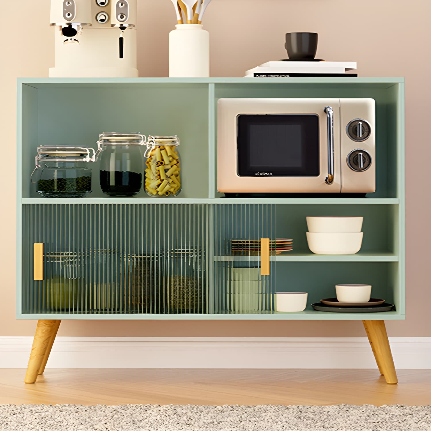 Scandinavian Wood Buffet Table with Acrylic Sliding Doors and Cabinet - image 5