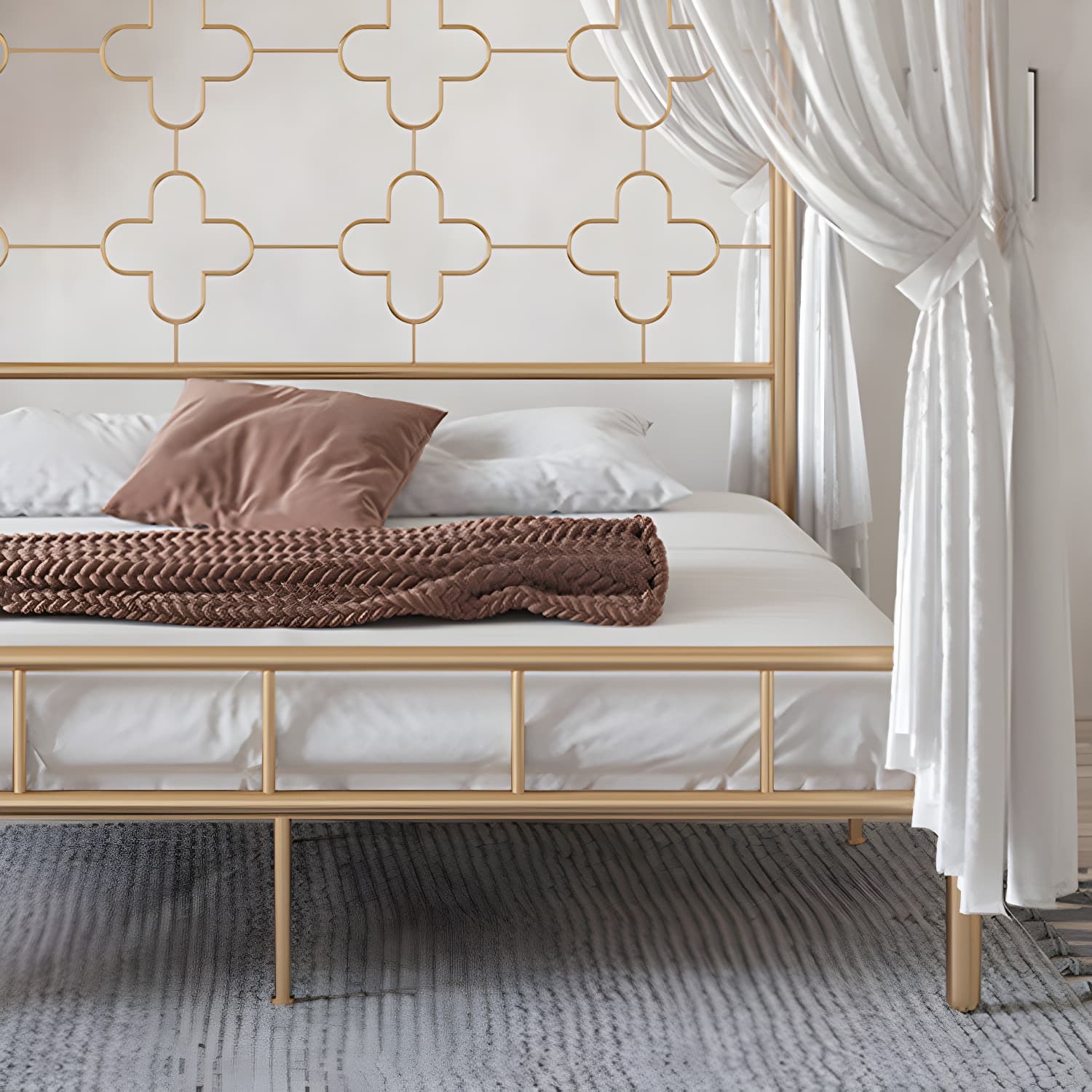 Metal Four Poster Bed with Open-Frame Headboard, Glam Standard Bed - image 11