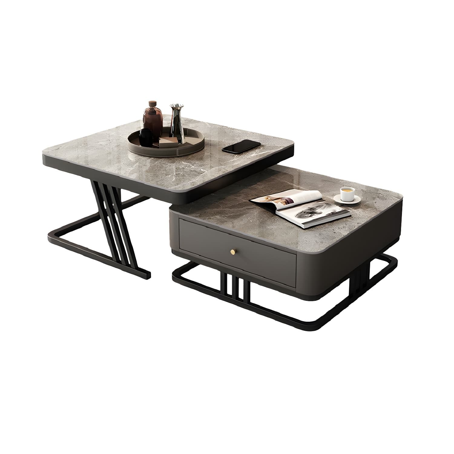 Modern Round Glass / Slate Cocktail Table Steel Frame Coffee Table with Drawer - image 11