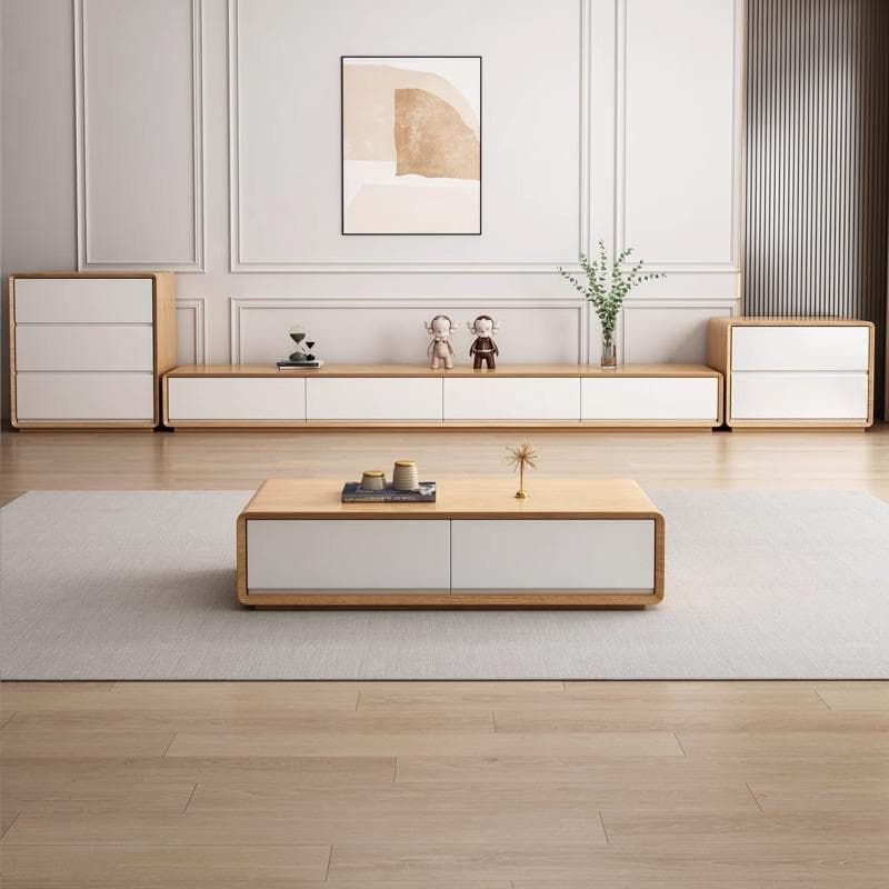 Contemporary Oblong Wood TV Stand in Natural and White with Drawers - image 3