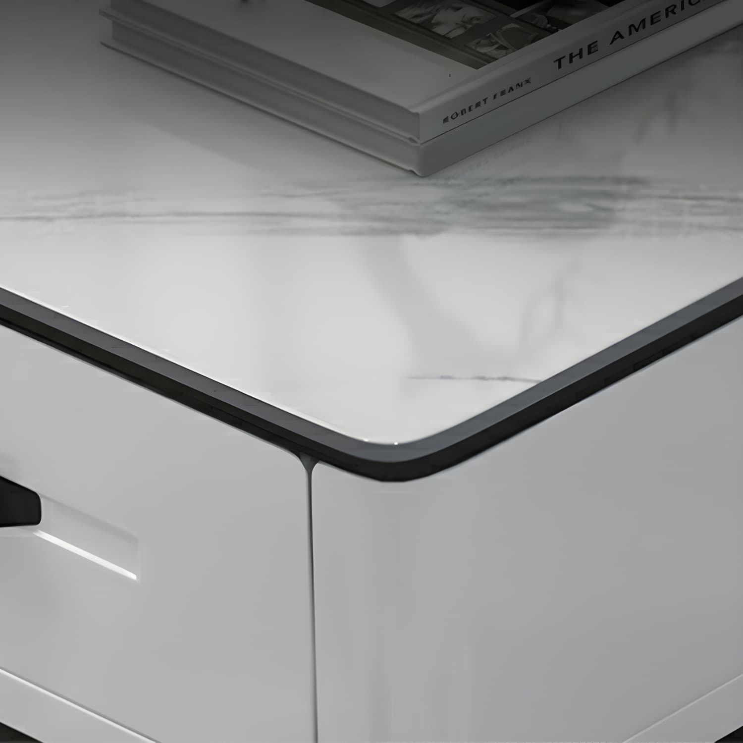 Modern Stone TV Stand with Long Length, Open Storage and Drawers featuring Wood Shelves - image 8