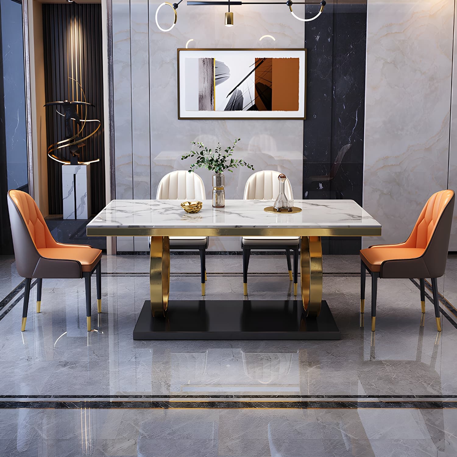 Glam Marble Dining Set with Gold Metal Pedestal Base - White and Beige - 1/5/7 Piece Set - image 4