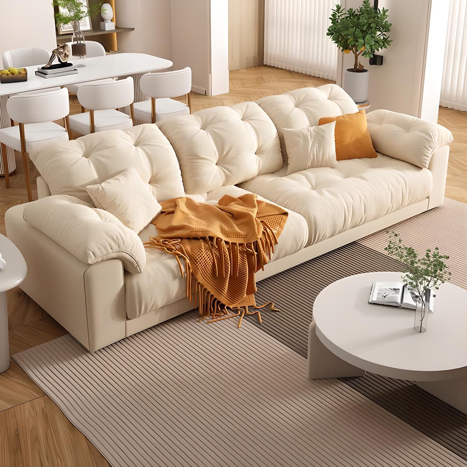 Modern Tufted Sectional Sofa in Off-White with Pillow Top Arm - image 3