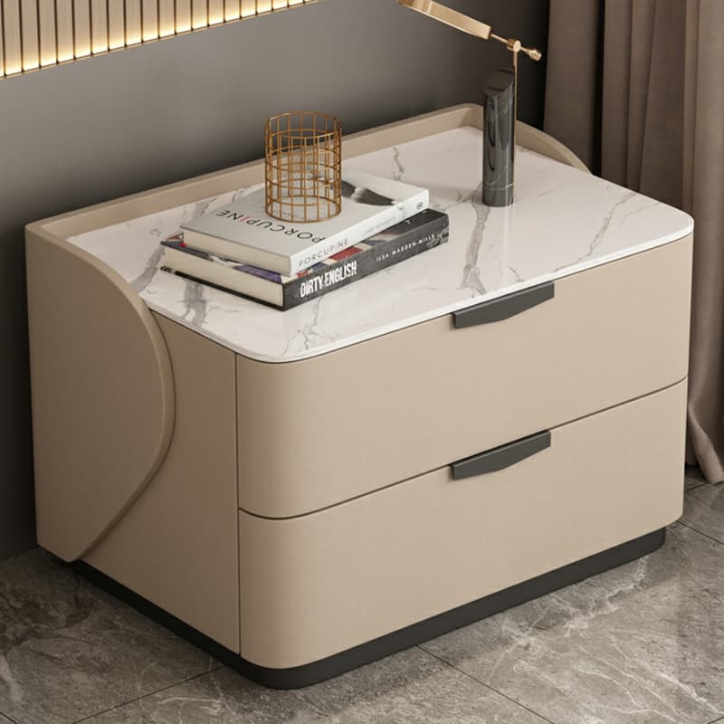 Modern Faux Leather Nightstand with Two Drawers in Light Wood - image 15