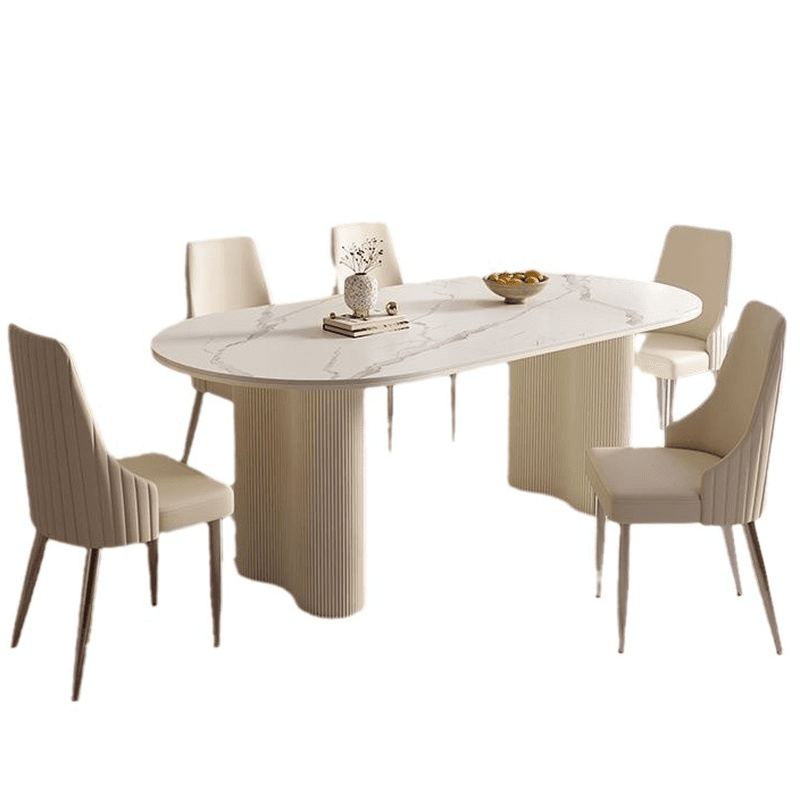 Modern Simple Style Oval Slate Dining Table Set with Dual Footing, Solid Back Panel in Chalk Color - image 6