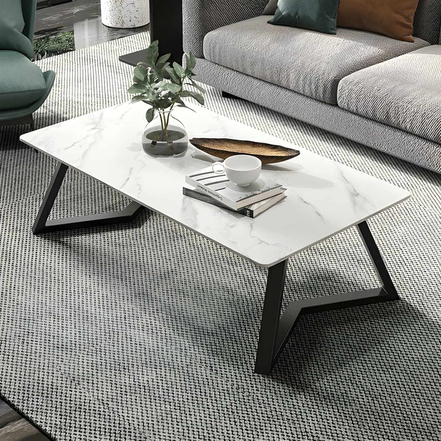Rectangular Stone Modern Coffee Table with Black Iron Double Pedestal Base - image 3