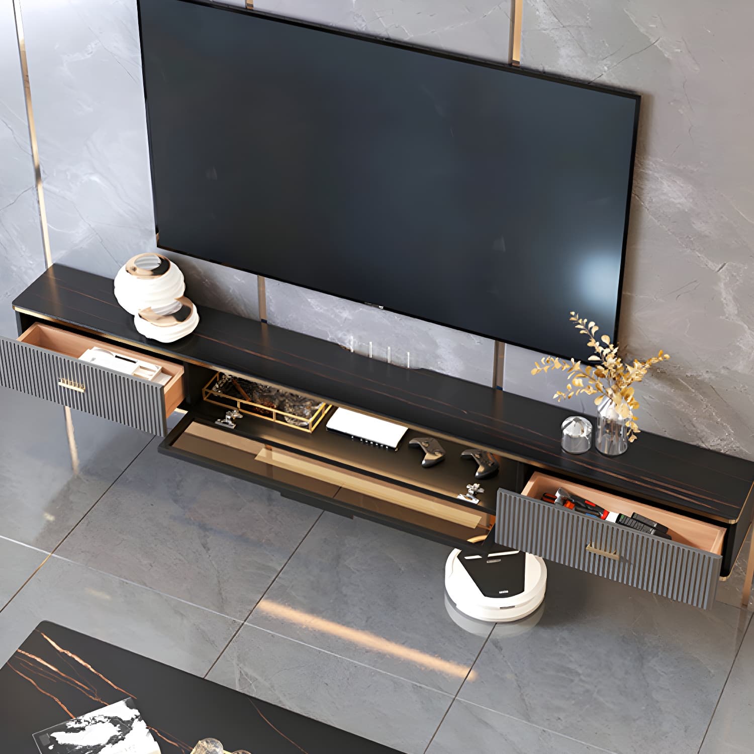 Black Slate TV Cabinet Gorgeous Style Home Wall Mounted TV Cabinet Console - image 6